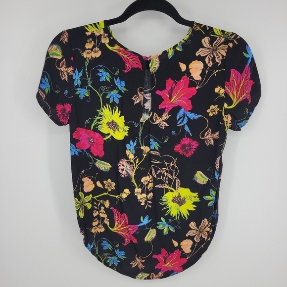 H&M Blouse Black With Vibrant Neon Flowers Size 2 - Picture 3 of 9